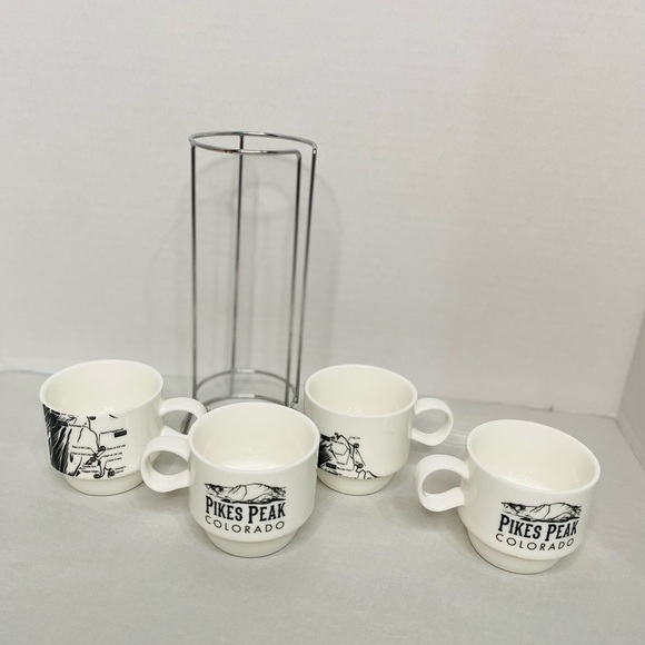 Pikes Peak Colorado Stackable expresso tea mugs cups with silver metal holder - Picture 3 of 4